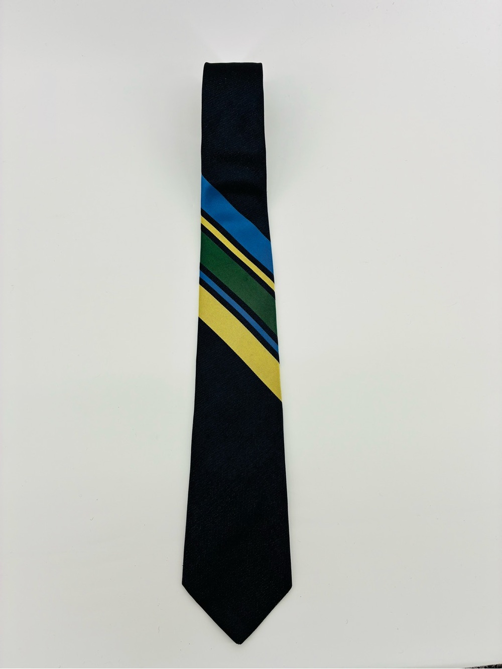 Vintage Tonelli All Silk Classic Striped Navy Tie with Blue, Green & Yellow